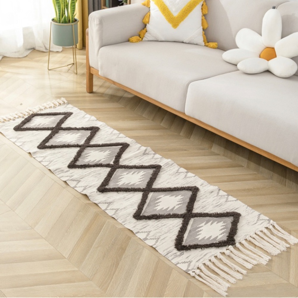 Cotton Linen Woven Runner Rug With Tassel Floor Mat Bohemian Neutral ivory brown